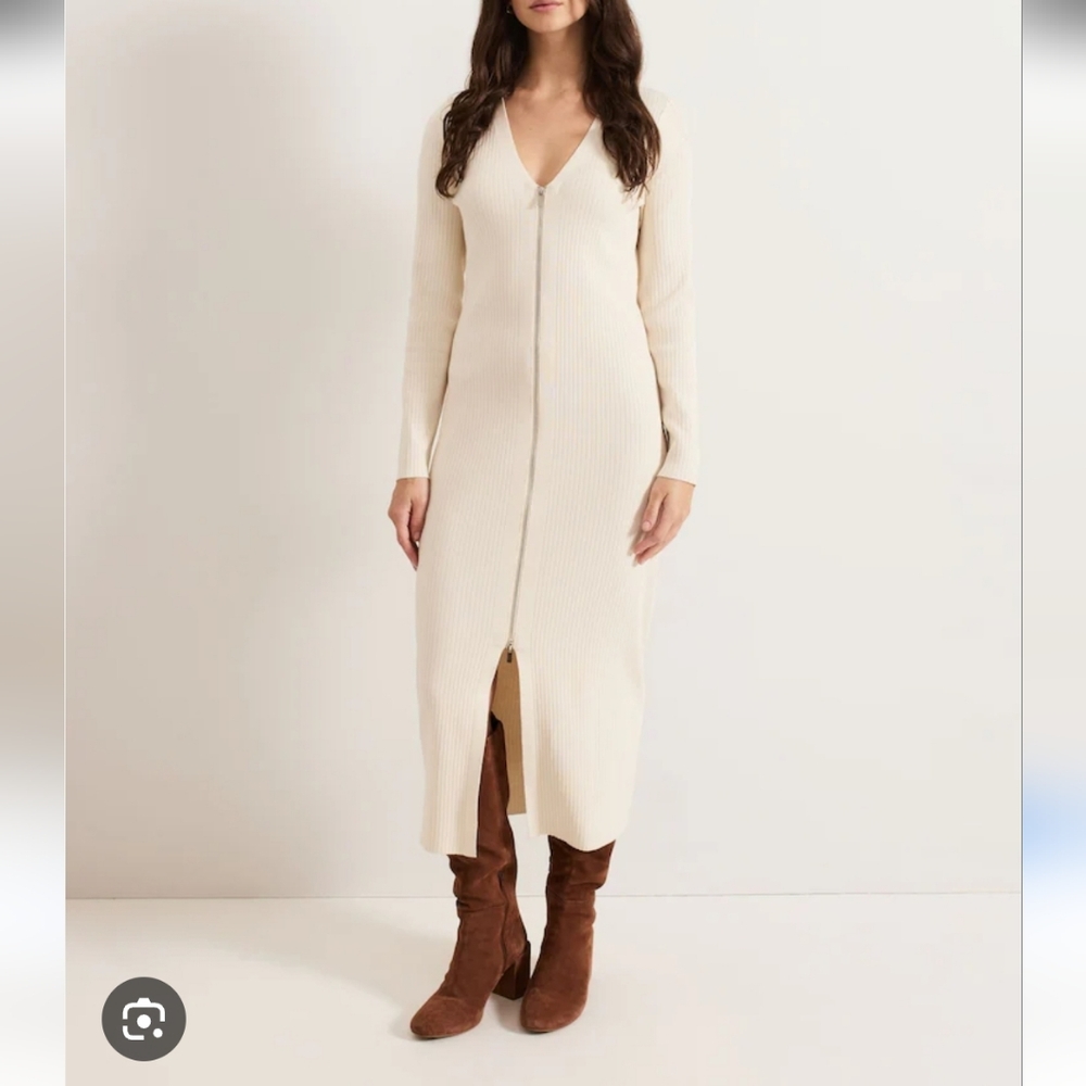 Calvin Klein Ivory Ribbed Long-Sleeve Zip Midi Dress